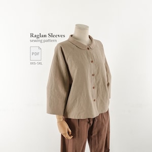 Damenbluse mit Raglanärmeln und Ballonärmeln (PDF-Schnittmuster), Langarm, Größen XXS–5XL, Oversized-Passform