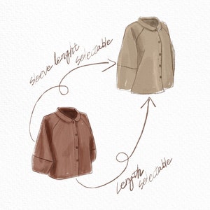 May include: Two illustrations of a brown button-up shirt with a collar. The shirt on the left has short sleeves and the shirt on the right has long sleeves. The text "sleeve length selectable" is written above the shirts. The text "length selectable" is written below the shirts.