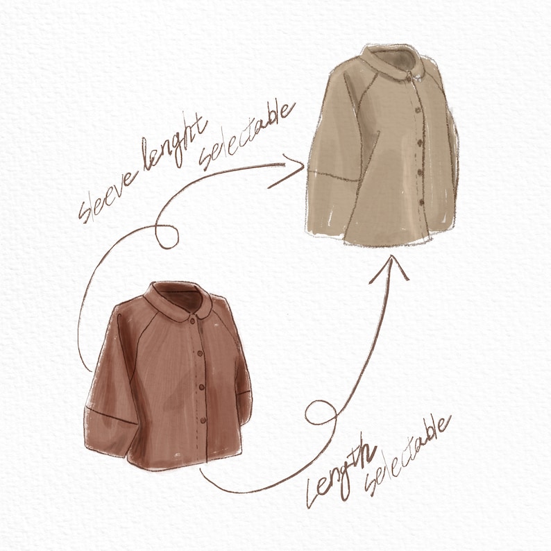 May include: Two illustrations of a brown button-up shirt with a collar. The shirt on the left has short sleeves and the shirt on the right has long sleeves. The text "sleeve length selectable" is written above the shirts. The text "length selectable" is written below the shirts.