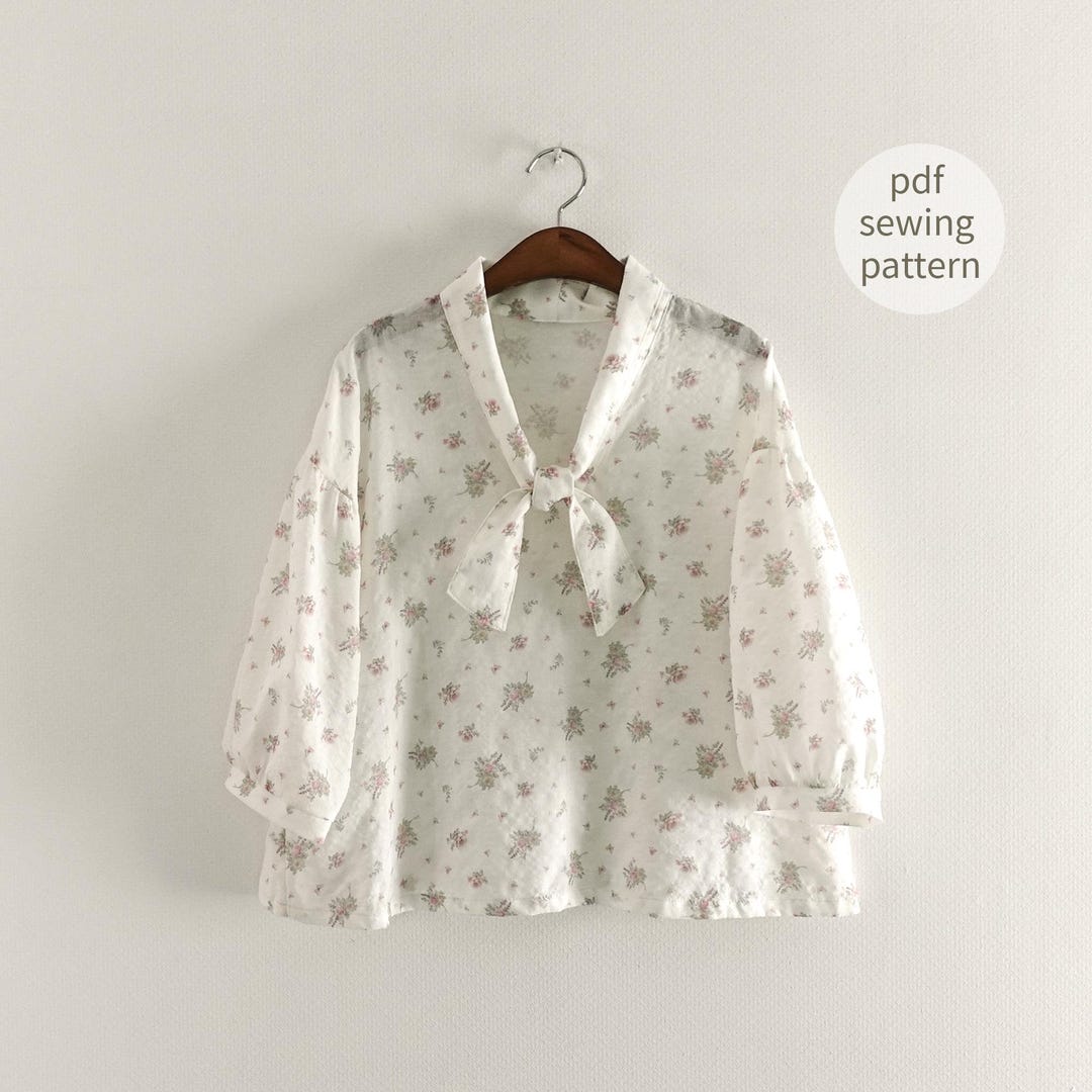 Romantic Cottagecore Blouse Sewing Pattern | Tie Neck Puff Sleeve Top ...