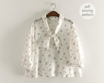 Romantic Cottagecore Blouse Sewing Pattern | Tie Neck Puff Sleeve Top | Tie Front Puff Sleeve Blouse Sewing Pattern, V-neck Tie Collar Shirt