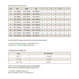 May include: A size chart for clothing with measurements in inches and centimeters. The chart includes sizes from XXS to 5XL, with corresponding bust, waist, hip, and Korean, US, UK, EU, AU/NZ, IT, and JP sizes.