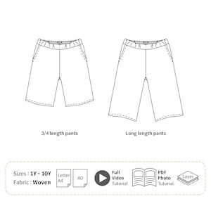 Pode incluir: Ilustra&ccedil;&atilde;o de desenho de linha de dois pares de cal&ccedil;as, um de 3/4 de comprimento e outro de comprimento total. A ilustra&ccedil;&atilde;o &eacute; para um padr&atilde;o de costura para os tamanhos 1Y-10Y. O padr&atilde;o &eacute; para tecido tecido e inclui um tutorial de v&iacute;deo completo, um tutorial de foto PDF e um padr&atilde;o em camadas.