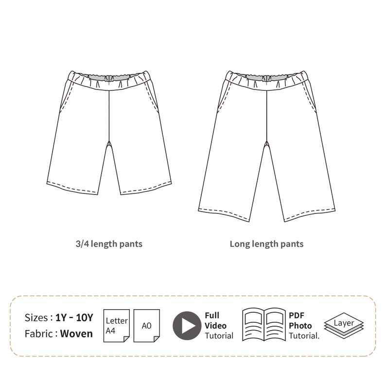 Pode incluir: Ilustra&ccedil;&atilde;o de desenho de linha de dois pares de cal&ccedil;as, um de 3/4 de comprimento e outro de comprimento total. A ilustra&ccedil;&atilde;o &eacute; para um padr&atilde;o de costura para os tamanhos 1Y-10Y. O padr&atilde;o &eacute; para tecido tecido e inclui um tutorial de v&iacute;deo completo, um tutorial de foto PDF e um padr&atilde;o em camadas.