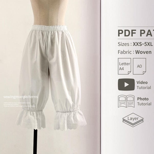PDF Sewing Pattern for Women's Lace Bloomers Victorian Pettipants Underwear Vintage Instant Download sew pattern Sewingman | Video Tutorial