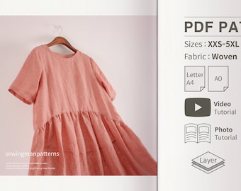 Easy Pattern | A-line Round Waist Gathered Dress PDF Sewing Pattern for Women | loose fit Pattern | beginner sewing | XXS - 5XL