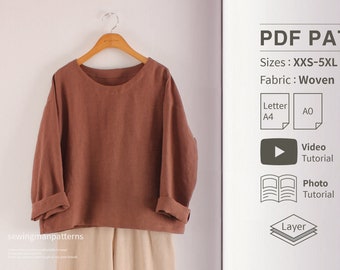 Patrón fácil / Patrón de costura PDF de blusa holgada con hombros caídos para mujer / Patrón de blusa holgada / Costura para principiantes / XXS - 5XL