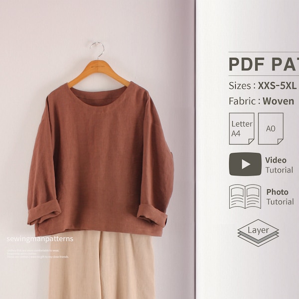 Patrón fácil / Patrón de costura PDF de blusa holgada con hombros caídos para mujer / Patrón de blusa holgada / Costura para principiantes / XXS - 5XL
