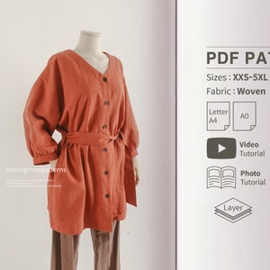 May include: A red linen dress with a V-neck, long sleeves, and a belt. The dress has a button-up front and is shown on a mannequin. The image includes text that says "PDF Pattern", "Sizes: XXS-5XL", "Fabric: Woven", "Letter A4", "AO", "Video Tutorial", "Photo Tutorial", and "Layer".