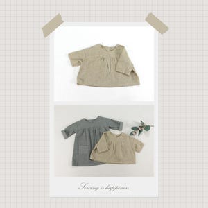 May include: A beige waffle-textured long-sleeve top with a round neckline and gathered bodice. A second image shows a grey long-sleeve dress with a pocket and a matching beige waffle-textured top. The text "Sewing is happiness." is at the bottom.