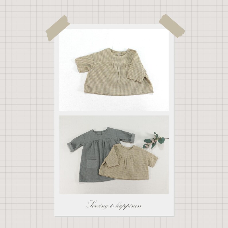 May include: A beige waffle-textured long-sleeve top with a round neckline and gathered bodice. A second image shows a grey long-sleeve dress with a pocket and a matching beige waffle-textured top. The text "Sewing is happiness." is at the bottom.