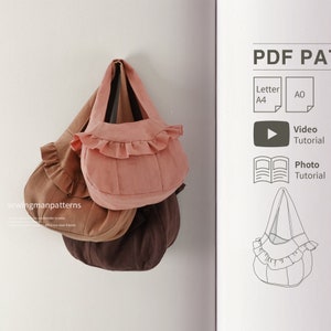 Einfaches Muster | Rüschen Hobo Bag Schnittmuster | Rüschen Umhängetasche PDF Schnittmuster | Rüschen-Einkaufstasche-Muster | 3 Größen | Anfänger Nähen