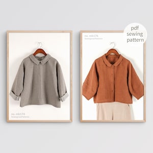 May include: Two framed images of sewing patterns. One shows a striped blouse with a collar, the other a rust-colored jacket with a round collar and buttons. The text "pdf sewing pattern" is visible.