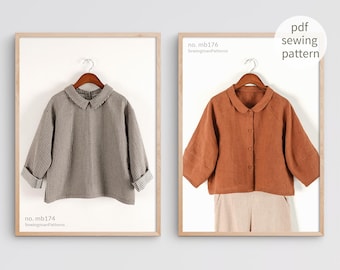 Sewing Pattern Bundle | Minimalist Drop Shoulder Collar Back Button Shirt PDF Sewing Pattern &Balloon Sleeve Raglan Blouse Sewing Pattern