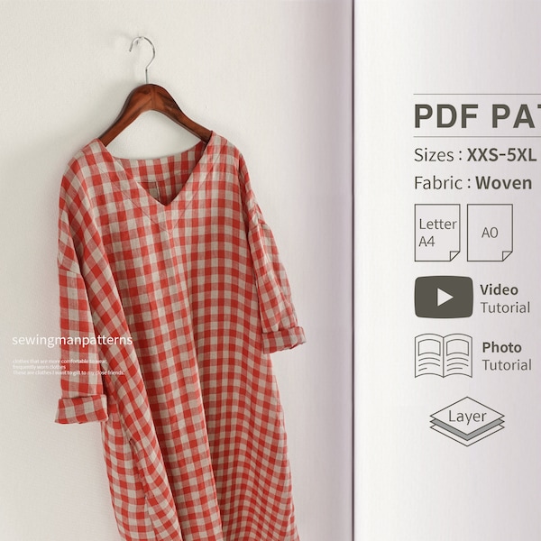 Modèle facile | Robe trapèze ample en PDF Patron de couture pour femme | Patron de robe oversize à col en V | couture pour débutants | robe minimaliste à coudre