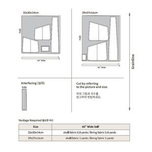 May include: A sewing pattern layout diagram featuring two size options, 32x30x14cm and 39x37x16cm, with fabric cutting guides for 60-inch wide material. Includes a yardage chart for shell and lining fabric, interfacing instructions, and a grainline arrow.