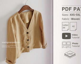 V-Neck Cropped Jacket Sewing Pattern: Beginner Friendly (XXS-5XL) (PDF Pattern)