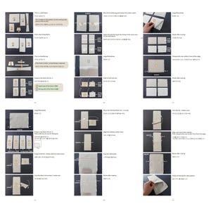 May include: A multi-step sewing instruction guide featuring white fabric pieces, interfacing, and numbered labels. The visual layout includes diagrams, magnified photos, and text in English and Korean detailing fabric preparation, ironing, and sewing steps.