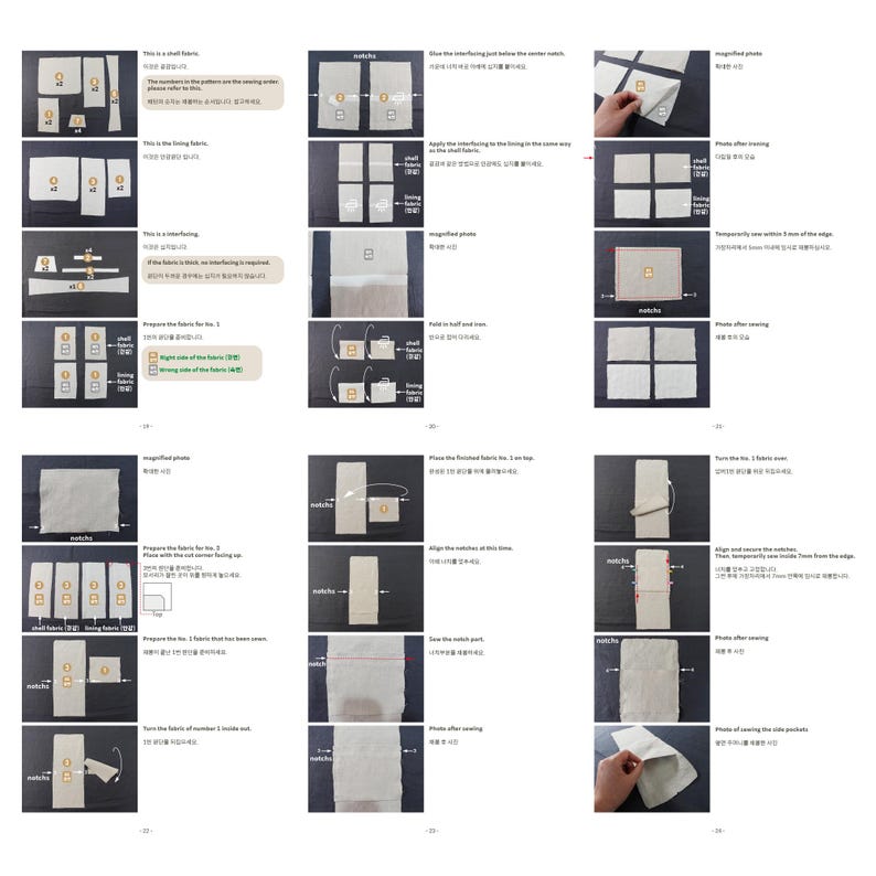 May include: A multi-step sewing instruction guide featuring white fabric pieces, interfacing, and numbered labels. The visual layout includes diagrams, magnified photos, and text in English and Korean detailing fabric preparation, ironing, and sewing steps.