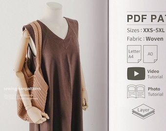 Easy Pattern | A Line Sleeveless Dress PDF Sewing Pattern for Women | Tank Top Dress Pattern | Long Dress Pattern | V-Neck Dress | Pockets