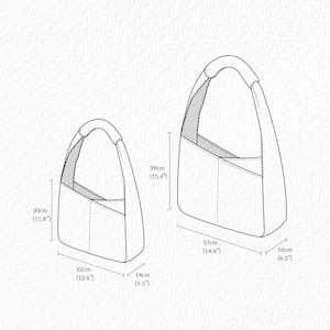 May include: A black and white line drawing of two hobo-style bags in different sizes. The smaller bag measures 12.6 inches wide, 11.8 inches high, and 5.5 inches deep. The larger bag measures 14.6 inches wide, 15.4 inches high, and 6.3 inches deep.