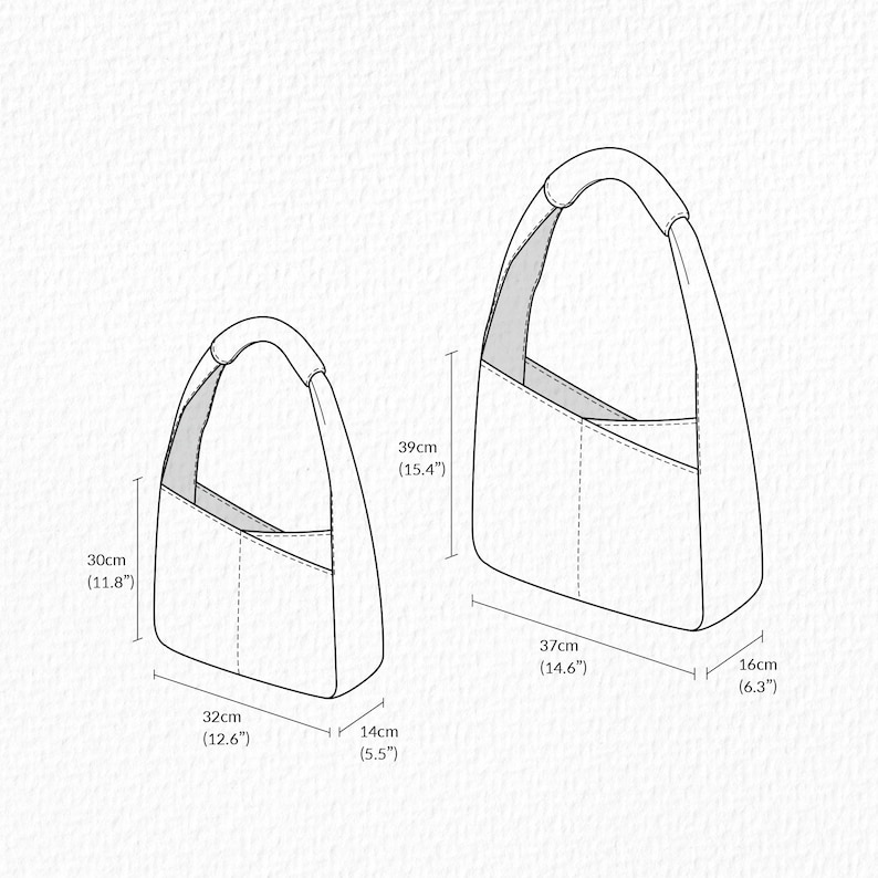 May include: A black and white line drawing of two hobo-style bags in different sizes. The smaller bag measures 12.6 inches wide, 11.8 inches high, and 5.5 inches deep. The larger bag measures 14.6 inches wide, 15.4 inches high, and 6.3 inches deep.