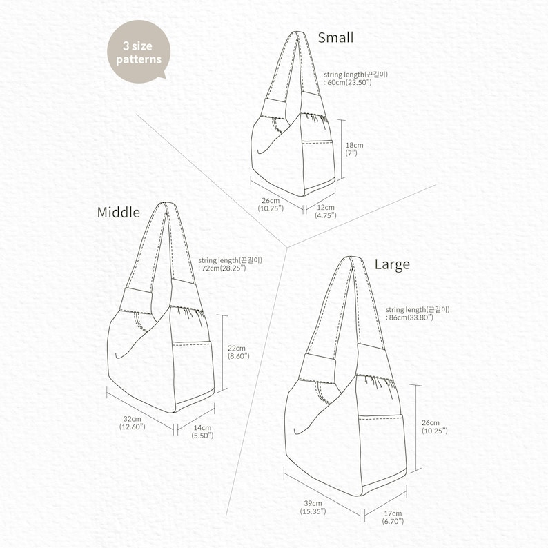 May include: Diagram showing three different sizes of a tote bag with measurements in inches and centimeters. The bag is made of fabric and has a single strap.