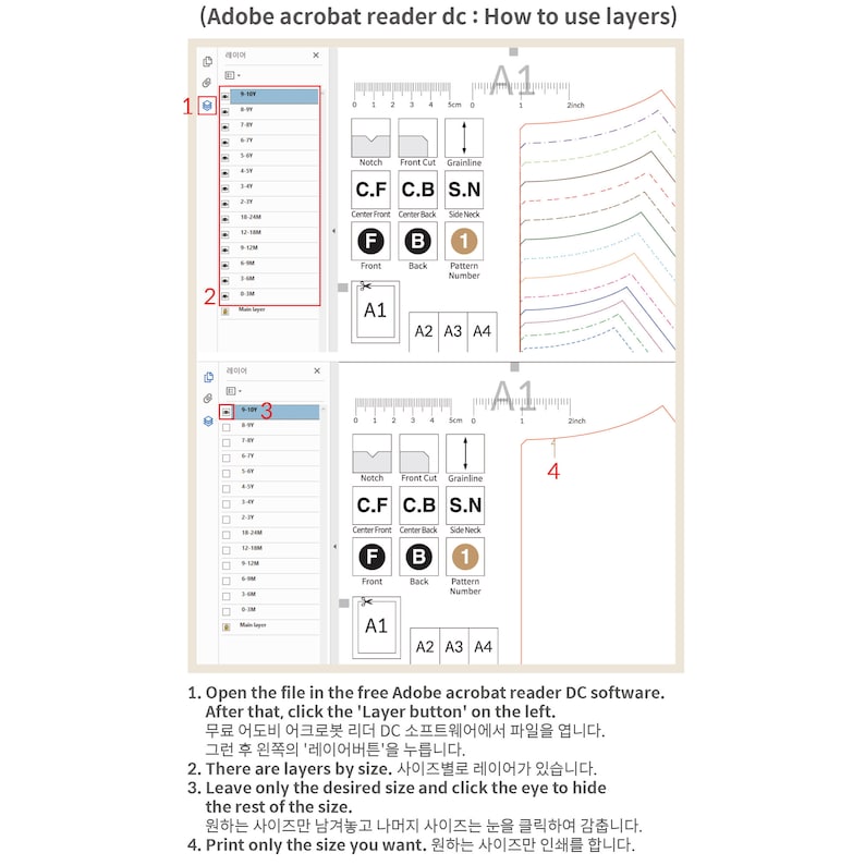 Pode incluir: Uma captura de tela de um computador mostrando como usar camadas no software Adobe Acrobat Reader DC. A imagem mostra uma lista de camadas no lado esquerdo da tela e um diagrama de um padr&atilde;o no lado direito da tela. O diagrama mostra diferentes camadas do padr&atilde;o, incluindo a frente, as costas, o centro da frente, o centro das costas, o pesco&ccedil;o lateral e a linha de gr&atilde;o. A imagem tamb&eacute;m inclui instru&ccedil;&otilde;es sobre como usar as camadas, como clicar no bot&atilde;o 'Camada' no lado esquerdo da tela para ver as camadas.