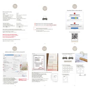May include: A multi-page instructional guide for sewing a bag, featuring text, diagrams, and screenshots. It includes sections on printing patterns, using Adobe Acrobat Reader DC, assembling pages, and a list of necessary sewing supplies and tools.