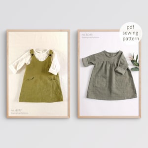 Könnte beinhalten: Zwei gerahmte Bilder von Kinderkleidung. Das linke Bild zeigt ein weißes Langarmshirt unter einem olivgrünen Latzkleid. Das rechte Bild zeigt ein olivgrünes Kleid mit kurzen Ärmeln und zwei Vordertaschen. Auf den Bildern steht "no. d077 SewingmanPatterns" und "no. b025 SewingmanPatterns".