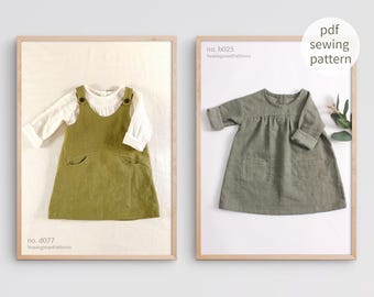 Sewing Pattern Bundle | A Line Overall Jumper Dress PDF Sewing Pattern for Girl | Drop Shoulder Dress PDF Sewing Patterns For Girl