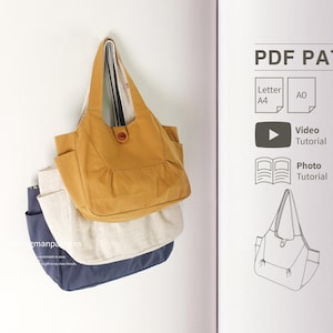 Einfache Tragetasche Schnittmuster | Knopf Tragetasche Schnittmuster | 3 Größen | Schultertasche Muster | Anfänger Nähen | Hobo Bag Schnittmuster