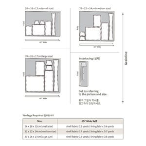 May include: A sewing pattern layout diagram showing fabric cutting pieces for small, medium, and large sizes, including an interfacing section. The chart lists yardage requirements for 60-inch wide fabric for each size, with dimensions in cm.