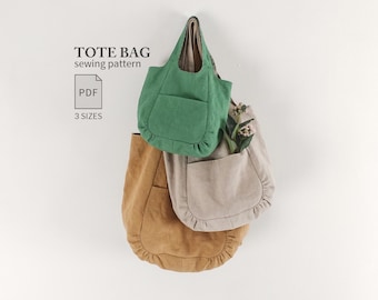 Gathered Tote Bag Sewing Pattern PDF, Pleated Shoulder Bag, 3 Sizes, No Serger Needed