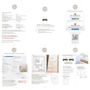 May include: A multi-page instructional guide for sewing a bag, featuring text, diagrams, and screenshots. It includes sections on materials, printing instructions for Adobe Acrobat Reader DC, printer settings, and steps for assembling paper pattern pages.