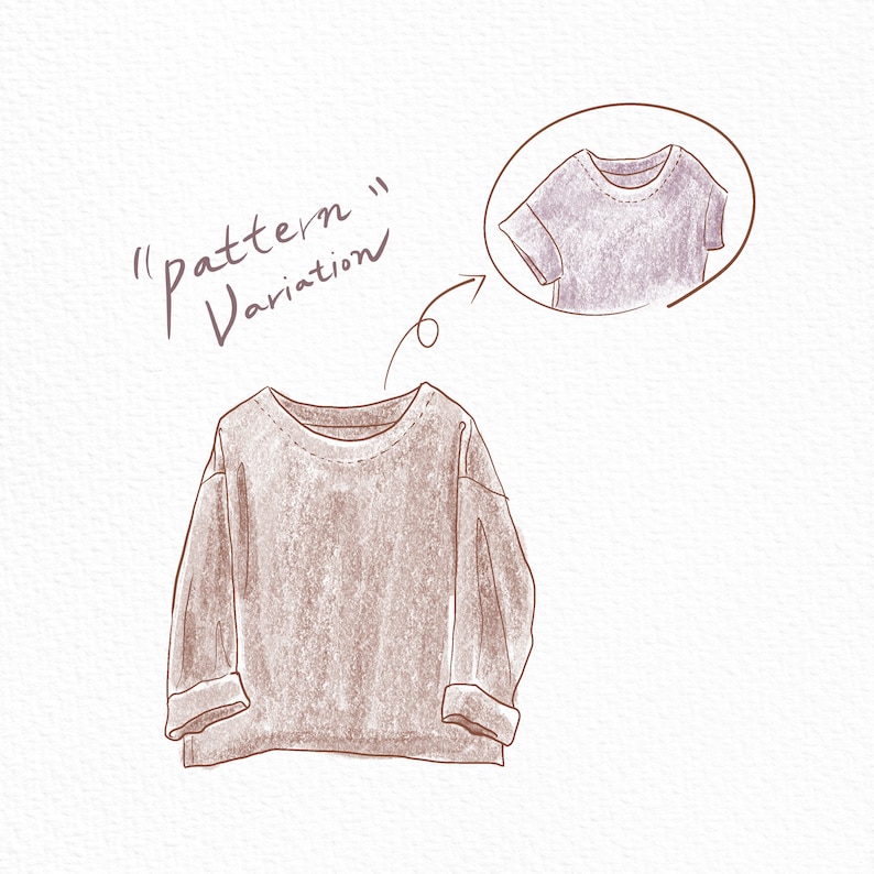 Op de afbeelding: Een bruin longsleeve shirt met een ronde hals en opgerolde mouwen. Het shirt is getekend in een potloodschets stijl. De tekst "pattern" en "Variation" is in cursief geschreven boven het shirt.