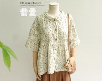 Women's Drop Shoulder Blouse Sewing Pattern | Oversized Shirts PDF Sewing Pattern | Loose Fit Blouse Pattern | Collar Shirts