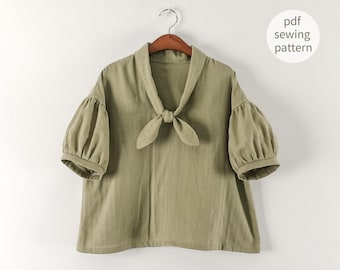 Easy Pattern | Tie Front Puff Sleeve Blouse Sewing Pattern | Drop Shoulder Top with Video Tutorial | Short, 3/4, Long Sleeve Options