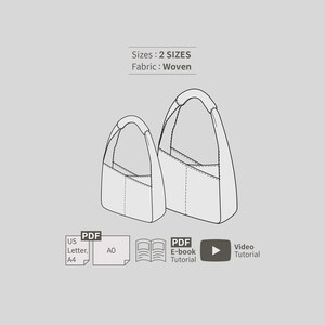 May include: A black and white line drawing of two handbags in different sizes, labeled as woven fabric. The image includes icons for PDF files in US Letter and A4 sizes, an A0 format, an E-book tutorial, and a video tutorial icon for the pattern.