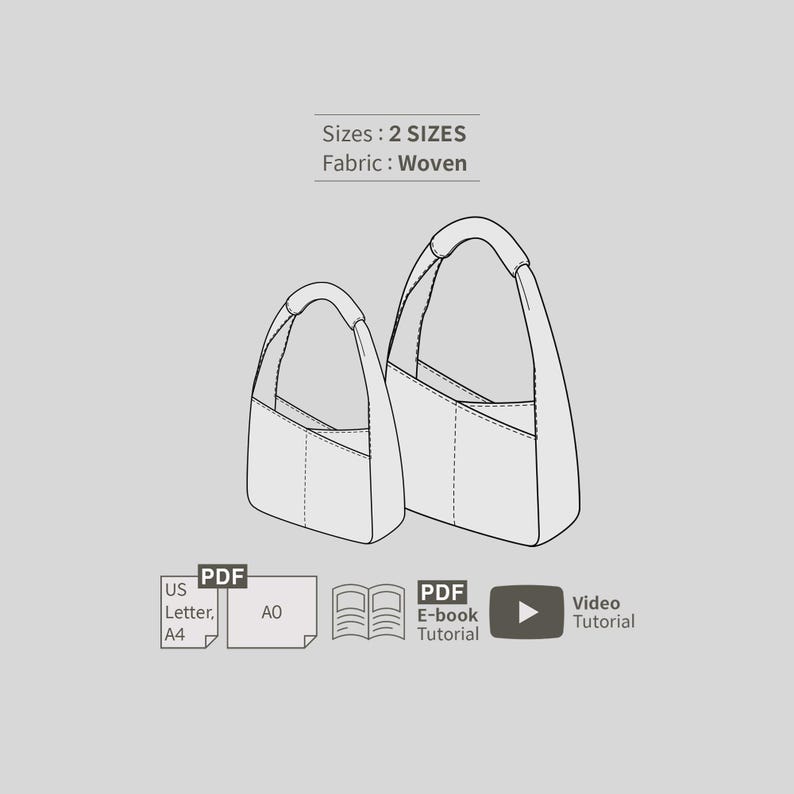 May include: A black and white line drawing of two handbags in different sizes, labeled as woven fabric. The image includes icons for PDF files in US Letter and A4 sizes, an A0 format, an E-book tutorial, and a video tutorial icon for the pattern.