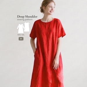 PDF-Schnittmuster für ein A-Linien-Kleid mit überschnittenen Schultern, anfängerfreundlich, mit V-Ausschnitt (optional), Video-Anleitung
