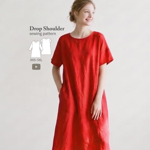 Drop Shoulder A-Line PDF Dress Sewing Pattern, Beginner Friendly, V-Neck Option, Video Tutorial