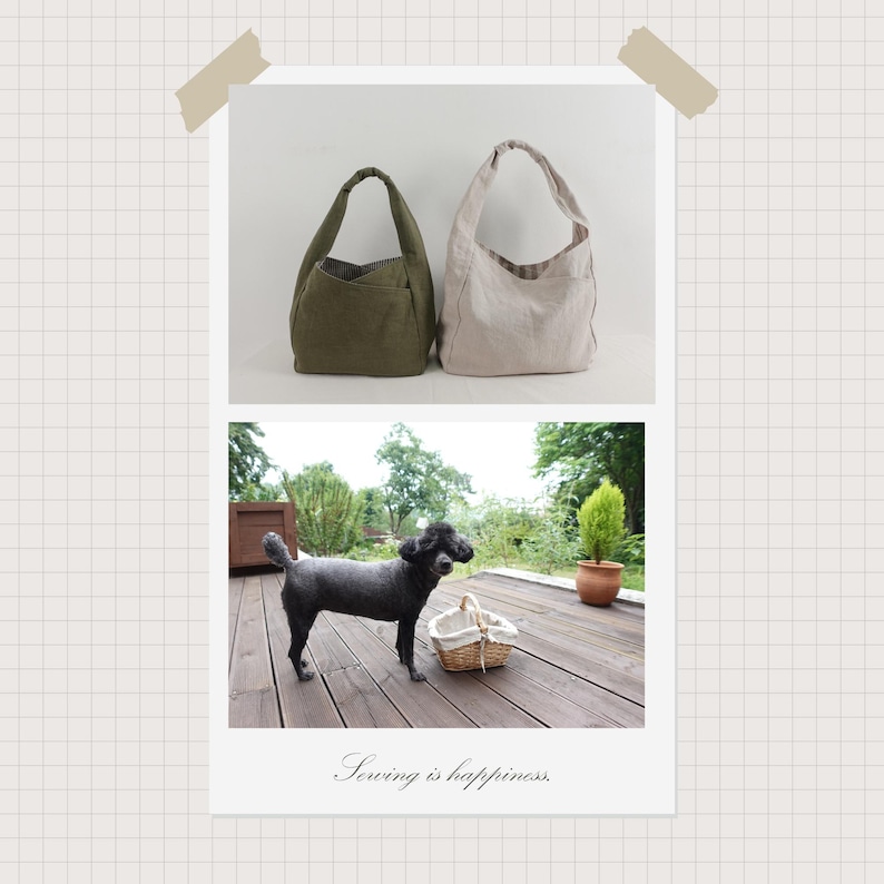 May include: Two hobo-style bags in olive green and beige fabric, alongside a black poodle standing on a wooden deck next to a small woven basket. The image includes the text "Sewing is happiness." at the bottom, presented in a collage format.