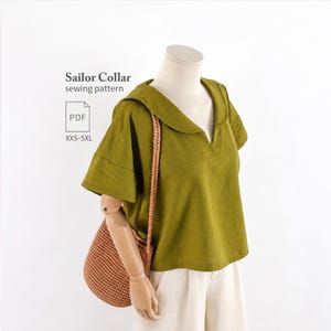 Sailor Collar Blouse Sewing Pattern PDF, Loose Fit Women’s Top, Drop Shoulder, Video Tutorial