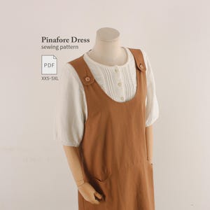Patrón de costura en PDF para vestido peto, vestido de corte A con bolsillos, tirantes ajustables y videotutorial.