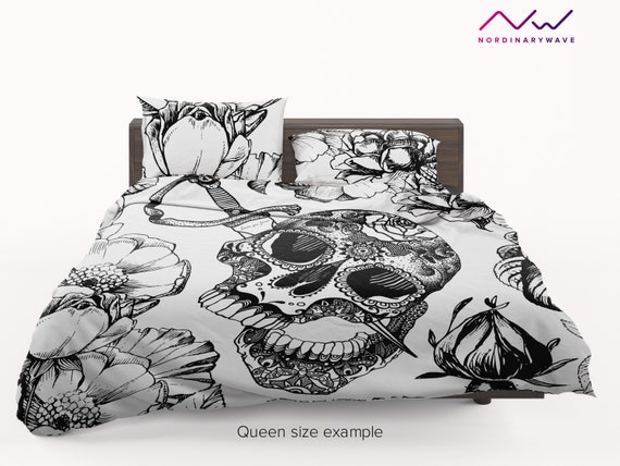 Skull White Pillow Case Full Queen King Duvet Cover Bedding Set New No Comforter