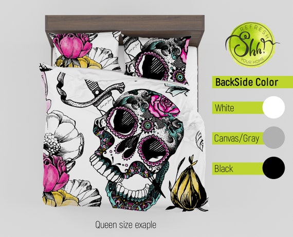 Flower Skull Bedding Set Sugar Skull Duvet Covers Skull Etsy