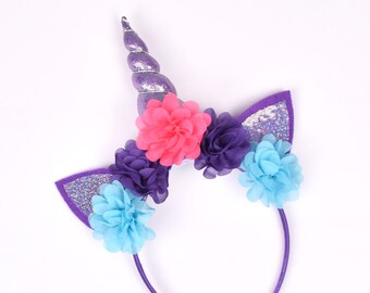 Unicorn Headbands,Purple Unicorn Birthday Headband,birthday party favor,floral crown headband,girl unicorn gift,glitter unicorn horn
