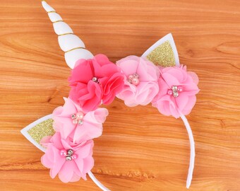 Bandeau de licorne à fleur rose, faveur de fête d’anniversaire de licorne pour enfants, bandeaux de licorne florale de fille, costume de licorne, option de corne de licorne or / argent