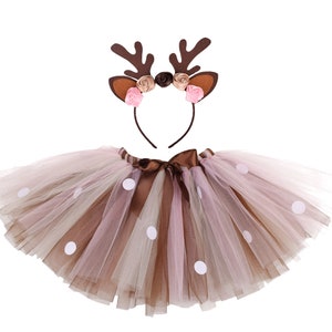 Mädchen Deer Tutu Rock Outfit, Rentier Tutu Kostüm und Stirnband, Pink / Braun / Elfenbein Tutu Dress Up, Flauschige Polka Dot Tutus